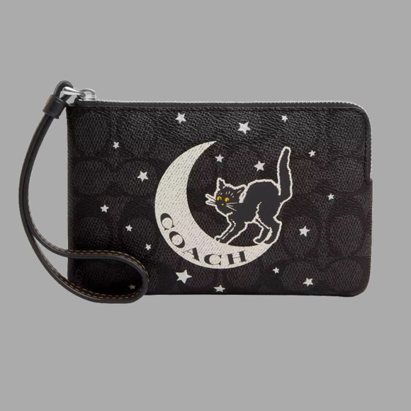 Coach Black and White Wristlet with Cat and Moon Design - Picture 1 of 3